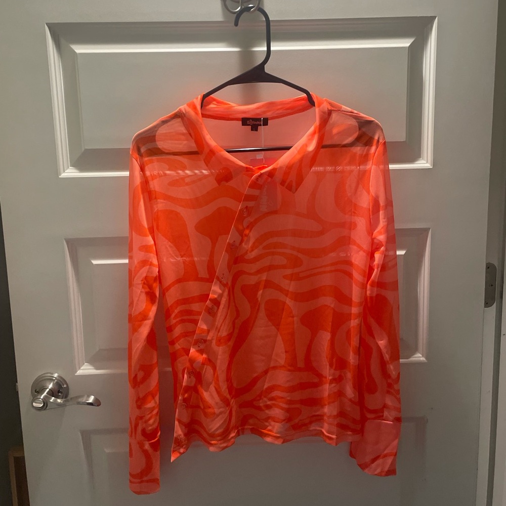 Waydamin Orange Swirl Mesh Top with Diagonal Button-Up